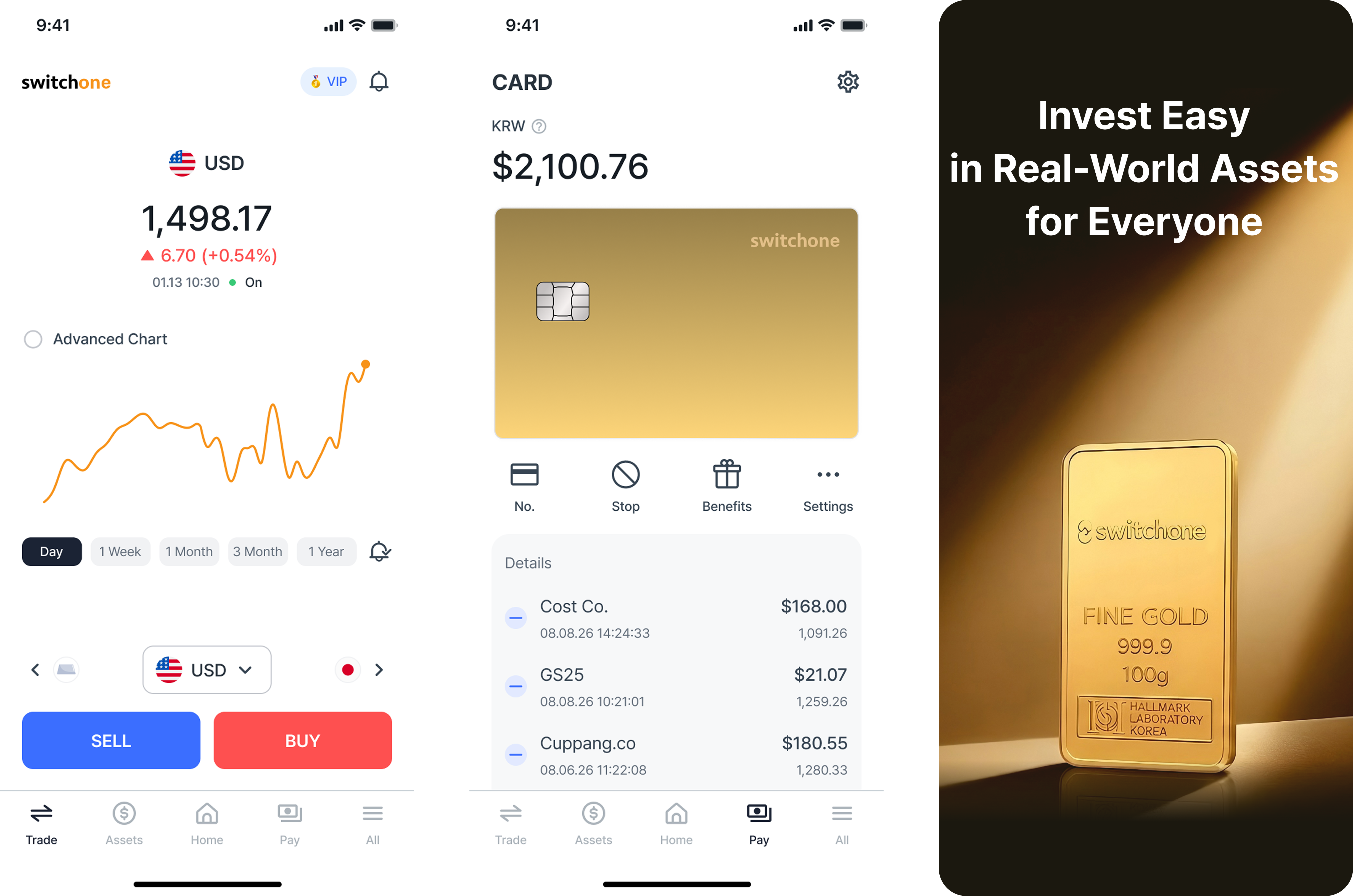 Switchone app showing asset price, portfolio, and currency screens