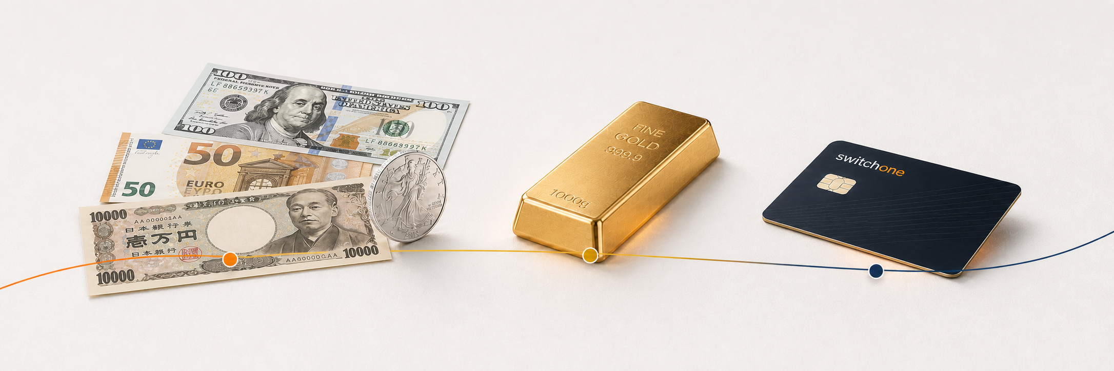Currency, gold bar, and switchone payment card